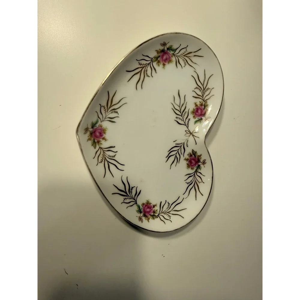 Vintage Irice Hand Painted Heart Trinket Dish Pink Roses Gold Trim Porcelain